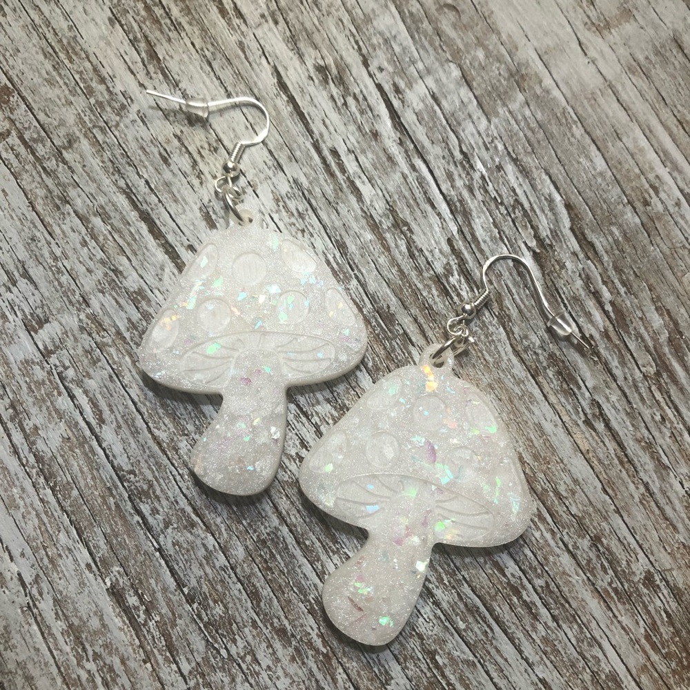 Mushroom Earrings - Handmade Pearlescent & Iridescent Rainbow Confetti